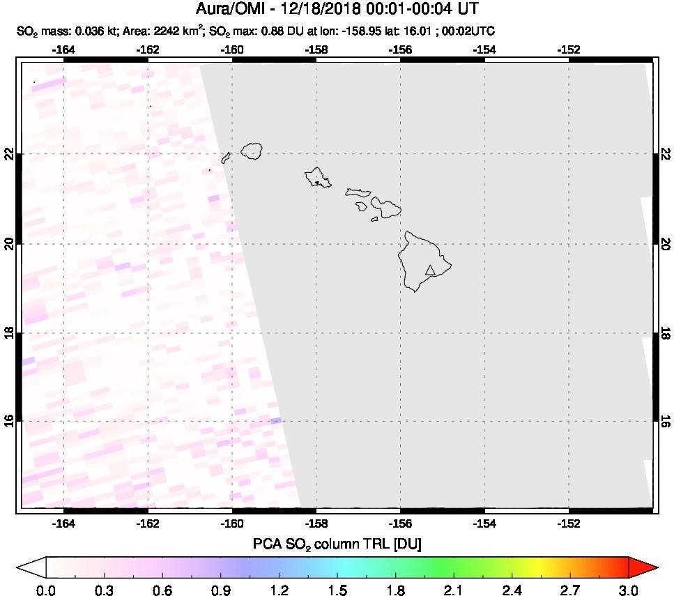 A sulfur dioxide image over Hawaii, USA on Dec 18, 2018.