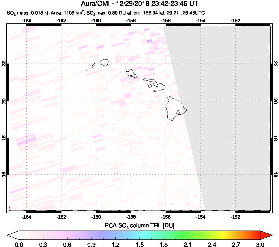A sulfur dioxide image over Hawaii, USA on Dec 29, 2018.