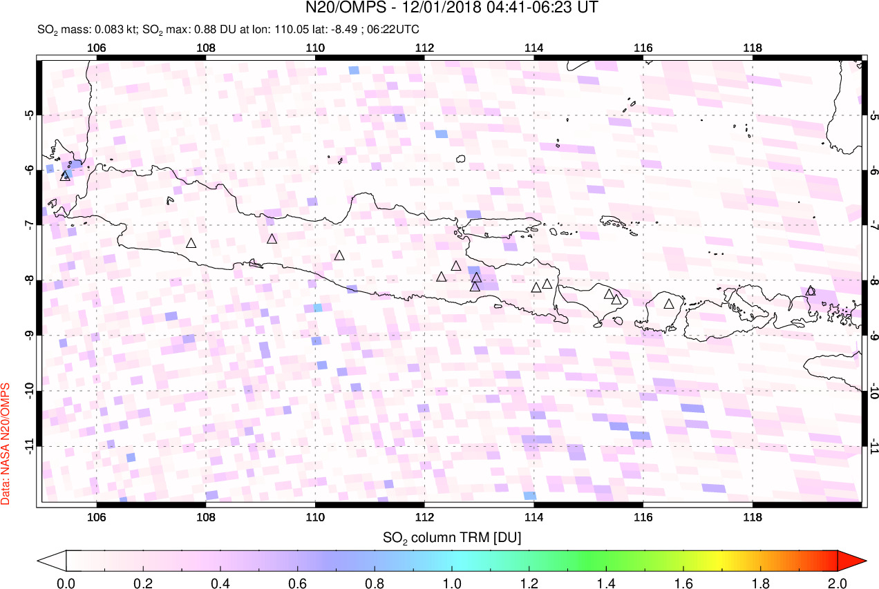 A sulfur dioxide image over Java, Indonesia on Dec 01, 2018.