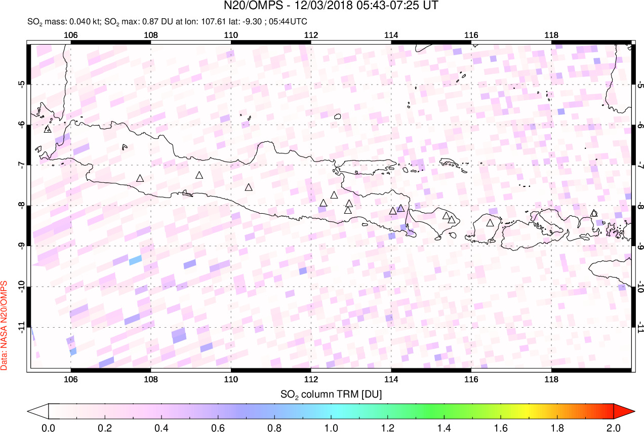 A sulfur dioxide image over Java, Indonesia on Dec 03, 2018.