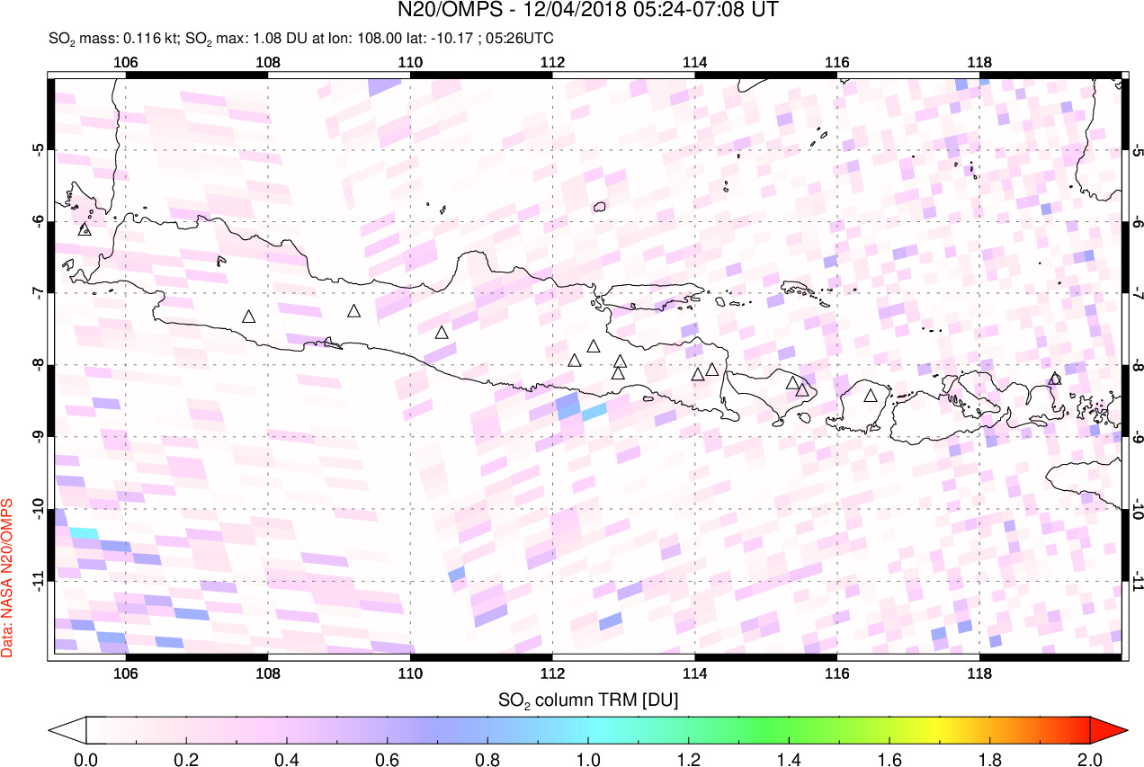 A sulfur dioxide image over Java, Indonesia on Dec 04, 2018.