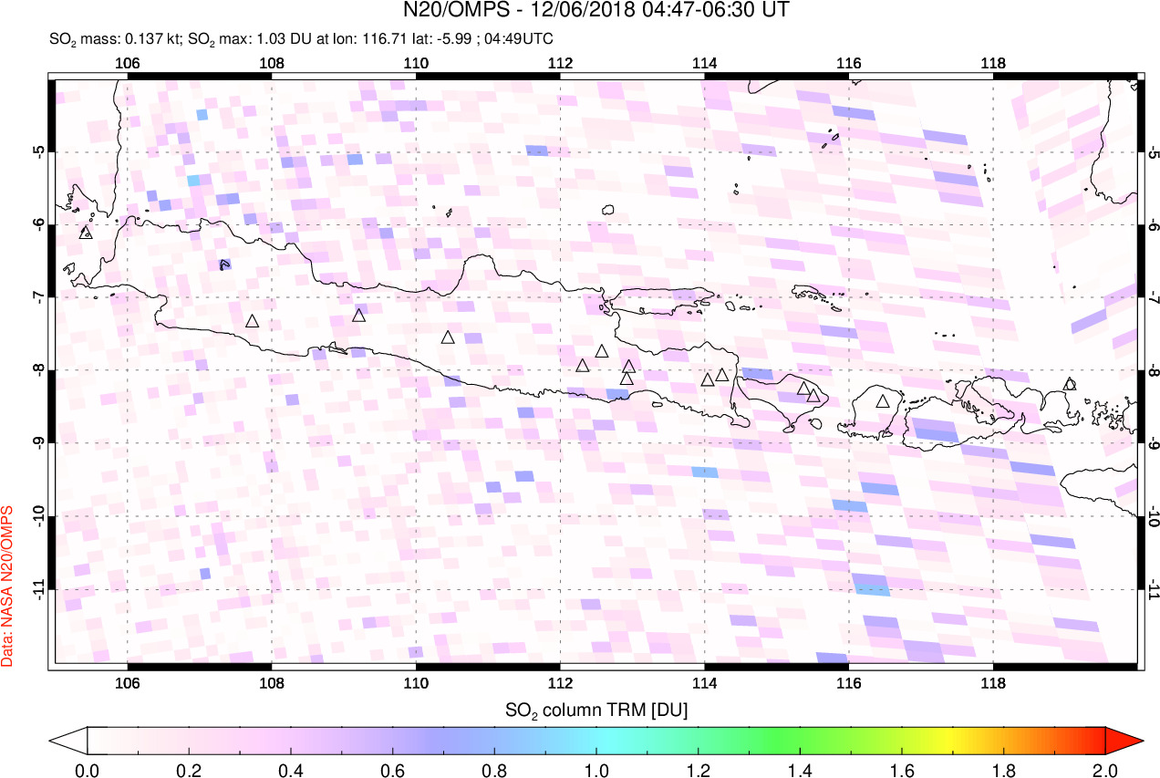 A sulfur dioxide image over Java, Indonesia on Dec 06, 2018.