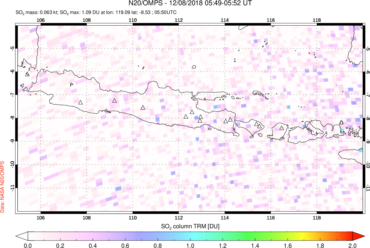 A sulfur dioxide image over Java, Indonesia on Dec 08, 2018.