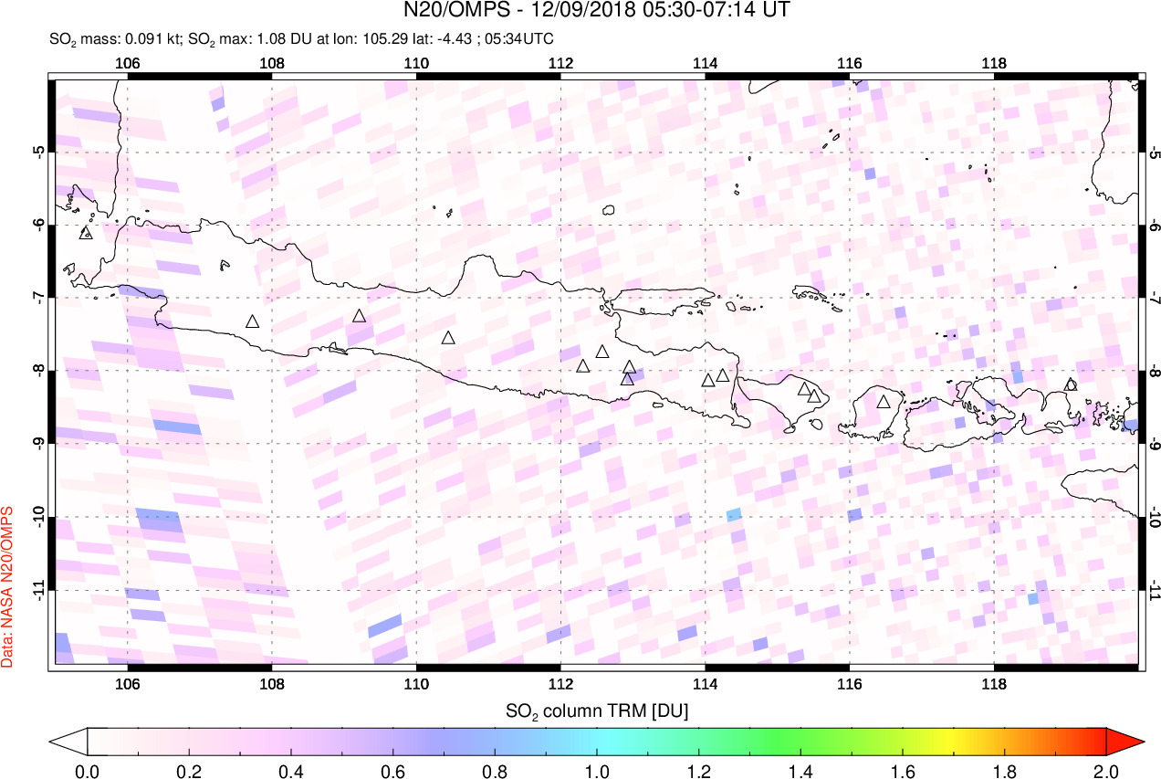 A sulfur dioxide image over Java, Indonesia on Dec 09, 2018.