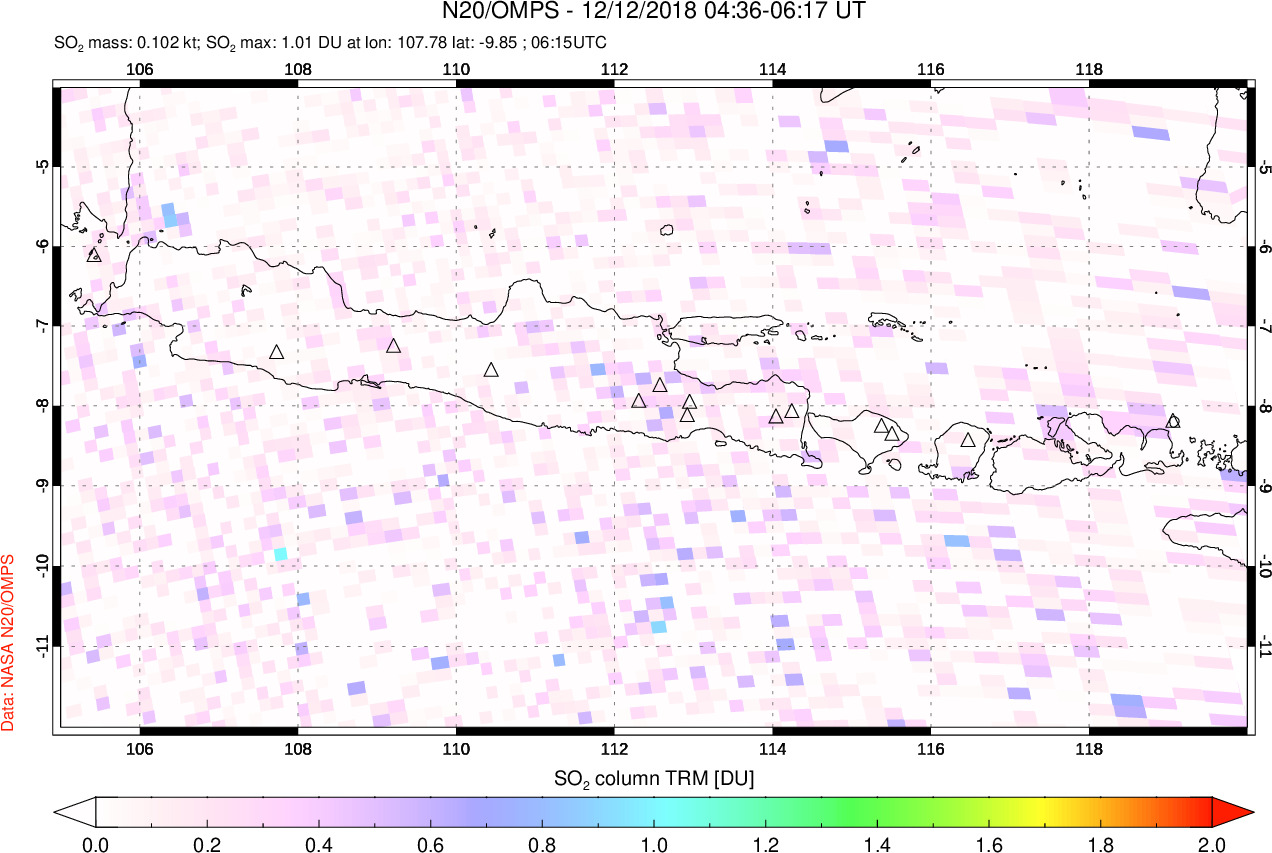 A sulfur dioxide image over Java, Indonesia on Dec 12, 2018.