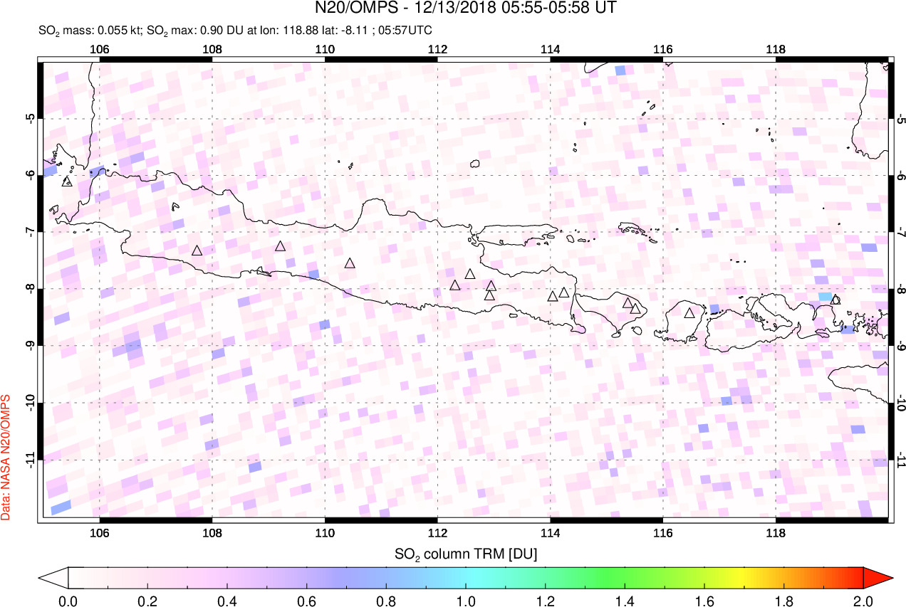 A sulfur dioxide image over Java, Indonesia on Dec 13, 2018.