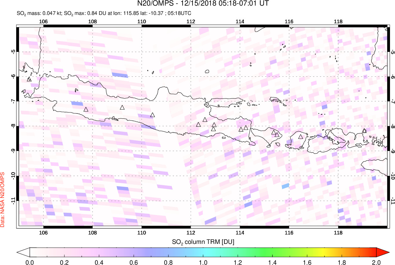 A sulfur dioxide image over Java, Indonesia on Dec 15, 2018.