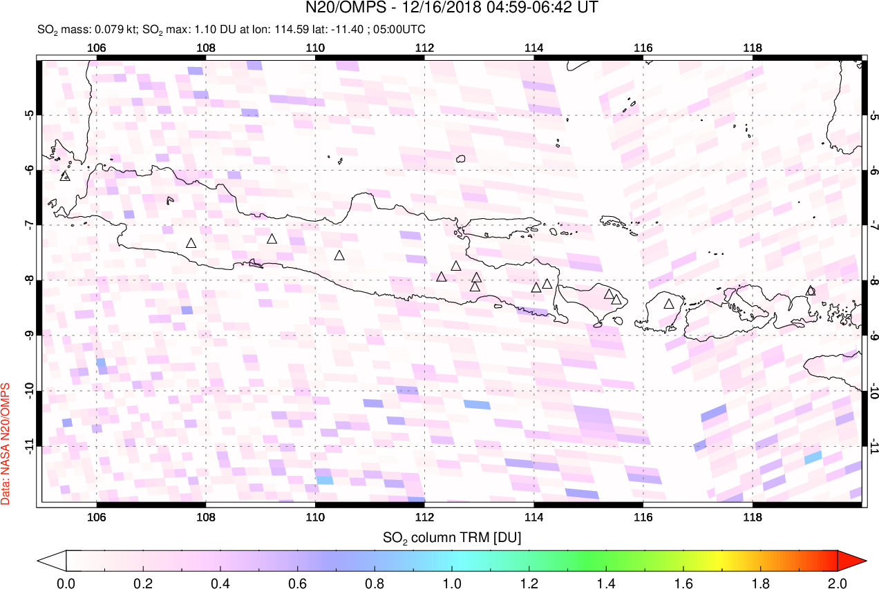 A sulfur dioxide image over Java, Indonesia on Dec 16, 2018.