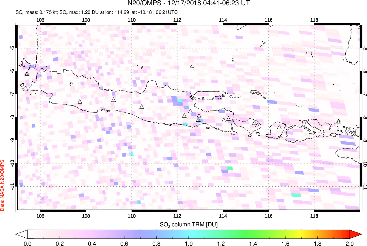 A sulfur dioxide image over Java, Indonesia on Dec 17, 2018.