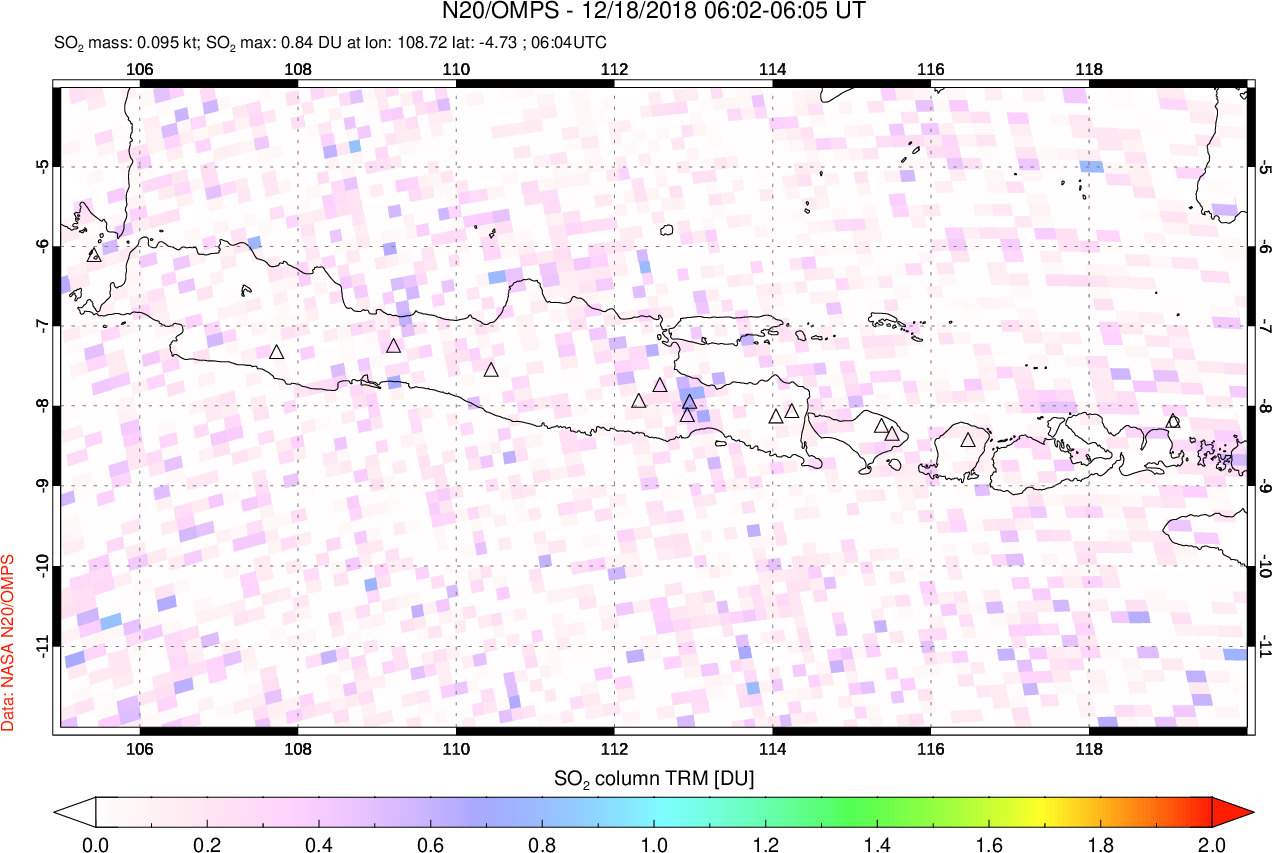 A sulfur dioxide image over Java, Indonesia on Dec 18, 2018.