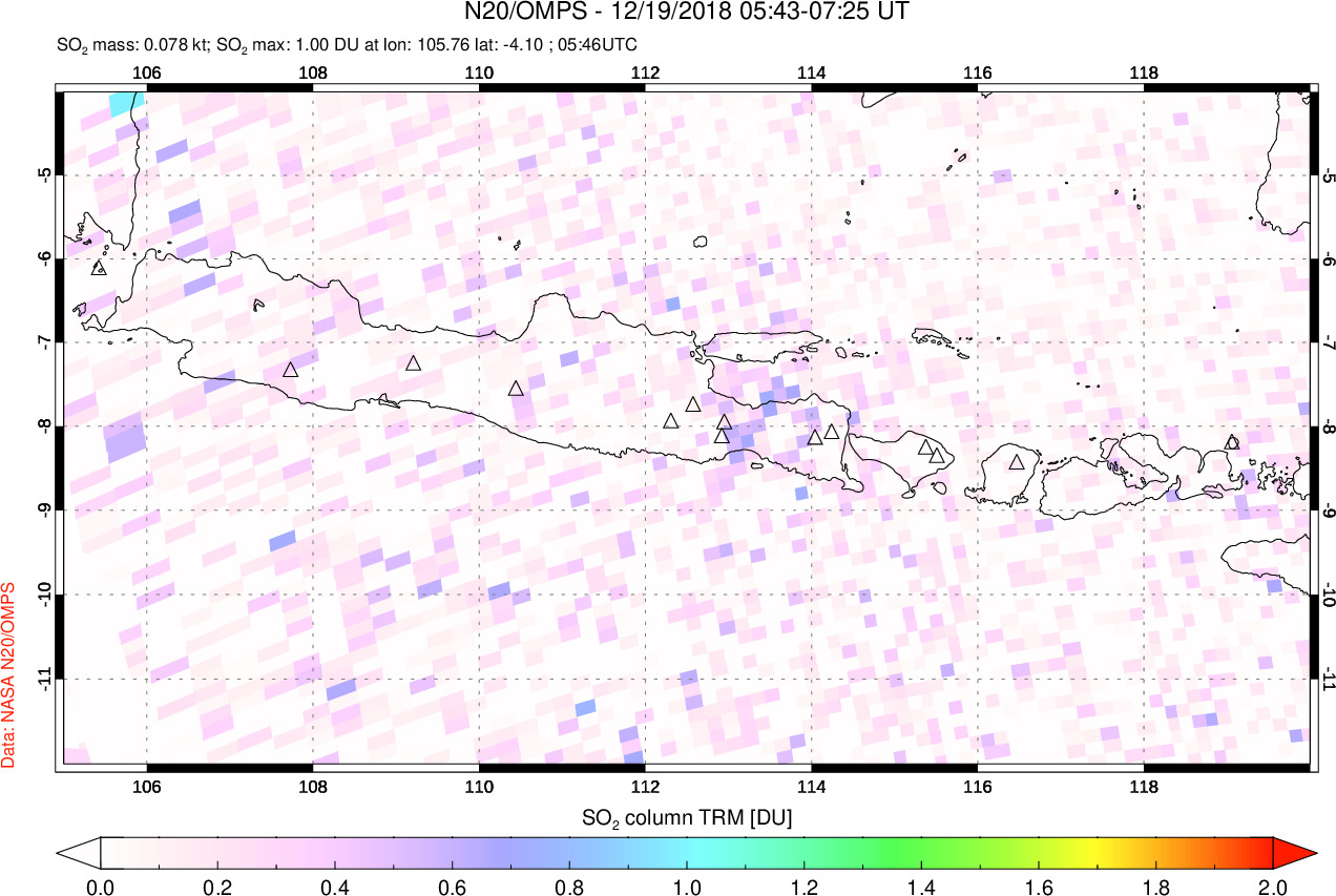 A sulfur dioxide image over Java, Indonesia on Dec 19, 2018.