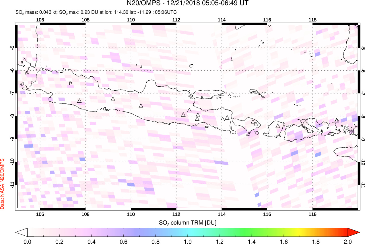 A sulfur dioxide image over Java, Indonesia on Dec 21, 2018.