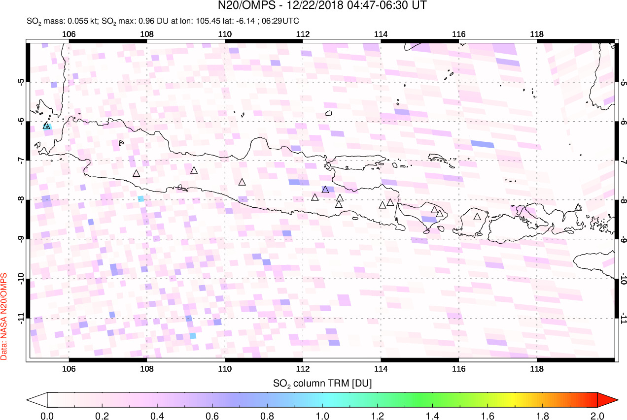 A sulfur dioxide image over Java, Indonesia on Dec 22, 2018.