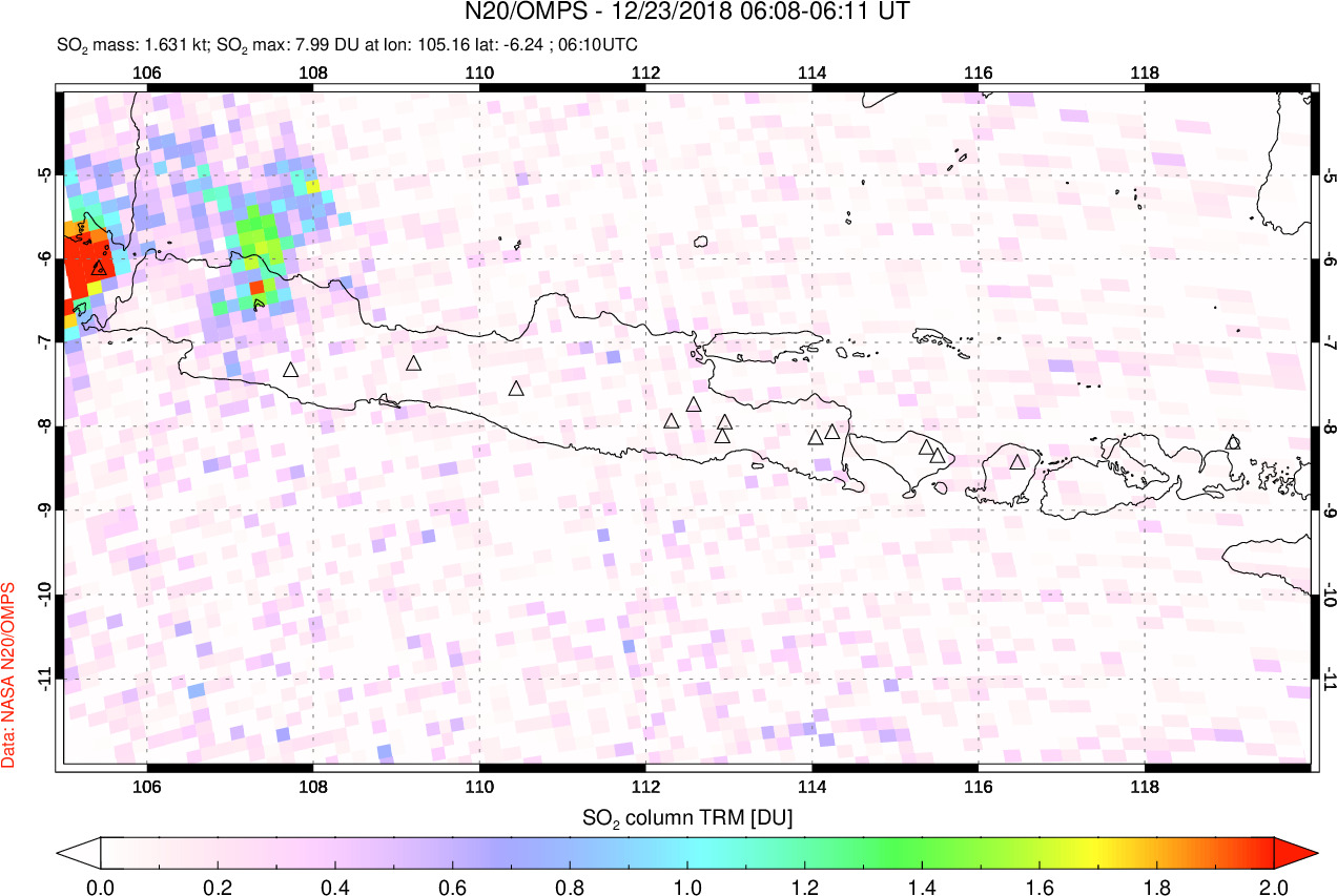 A sulfur dioxide image over Java, Indonesia on Dec 23, 2018.