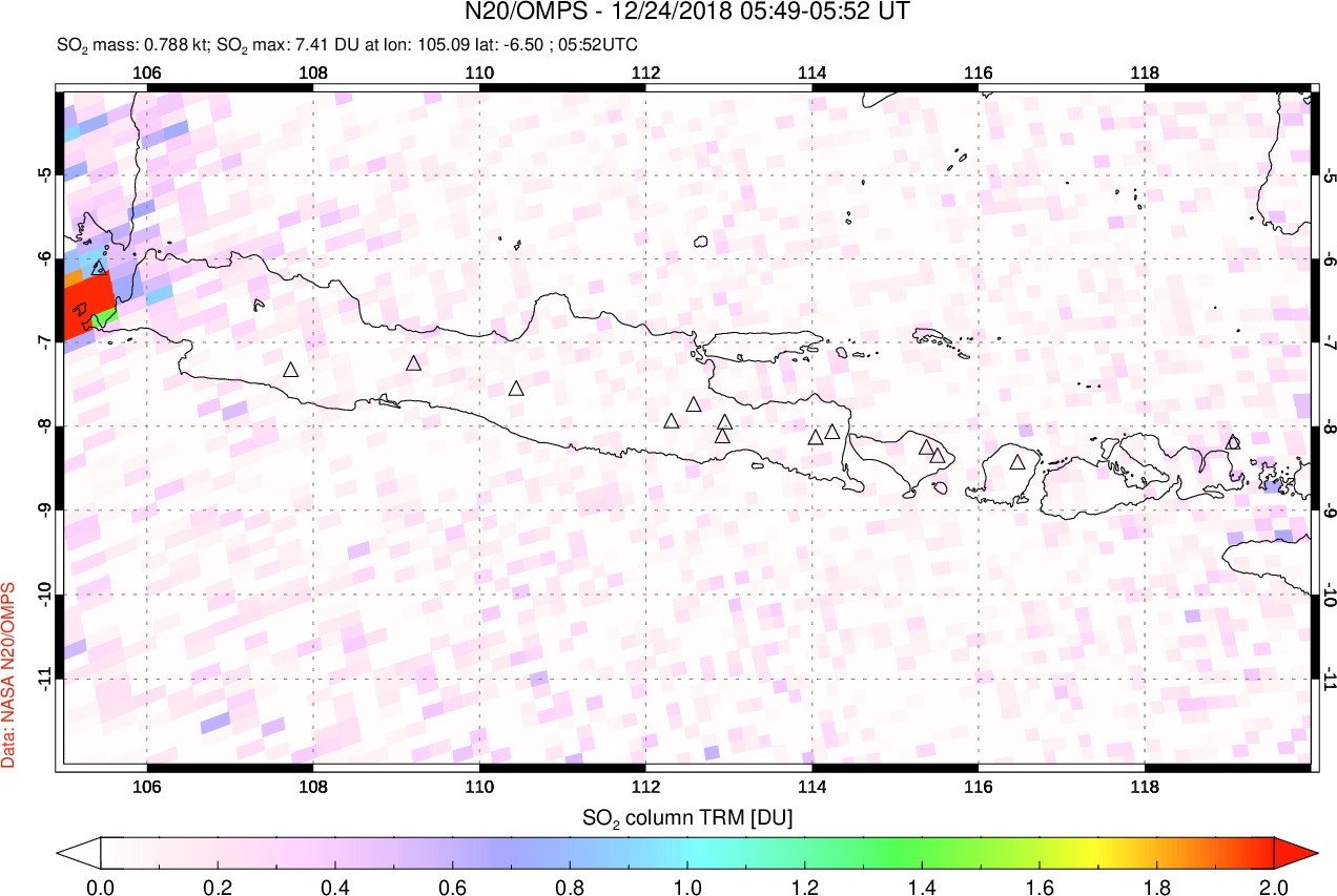 A sulfur dioxide image over Java, Indonesia on Dec 24, 2018.