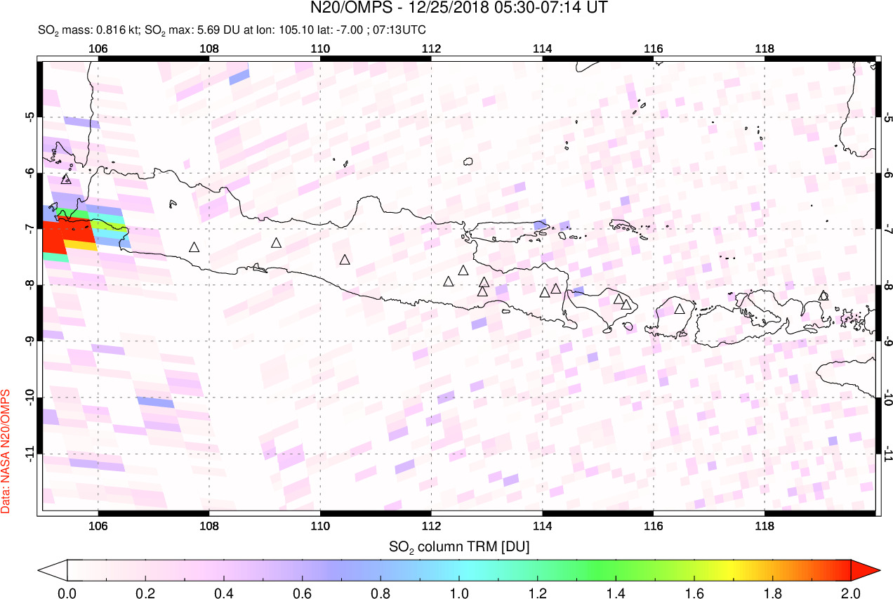 A sulfur dioxide image over Java, Indonesia on Dec 25, 2018.