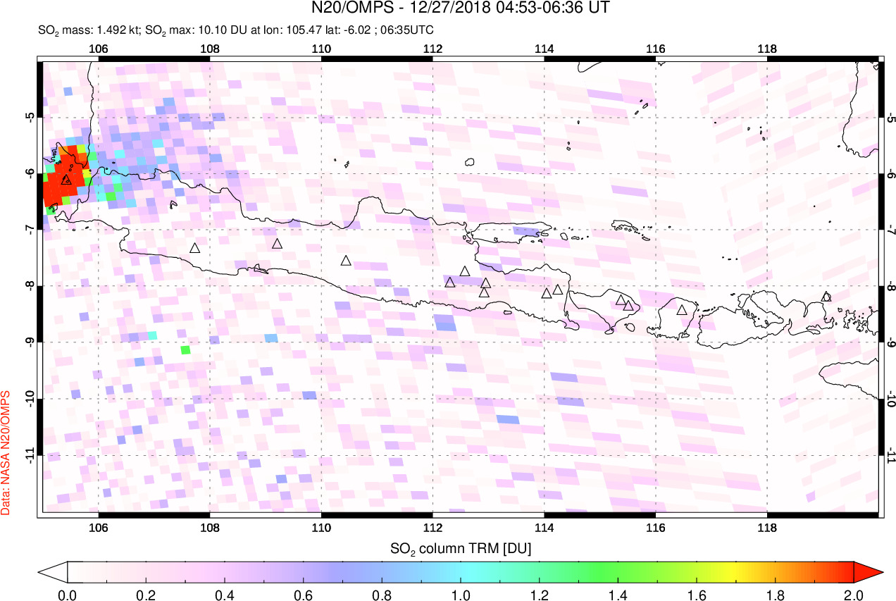 A sulfur dioxide image over Java, Indonesia on Dec 27, 2018.