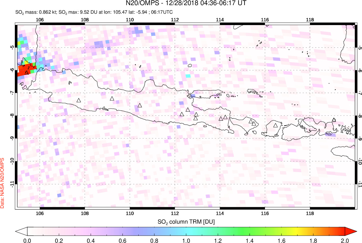 A sulfur dioxide image over Java, Indonesia on Dec 28, 2018.