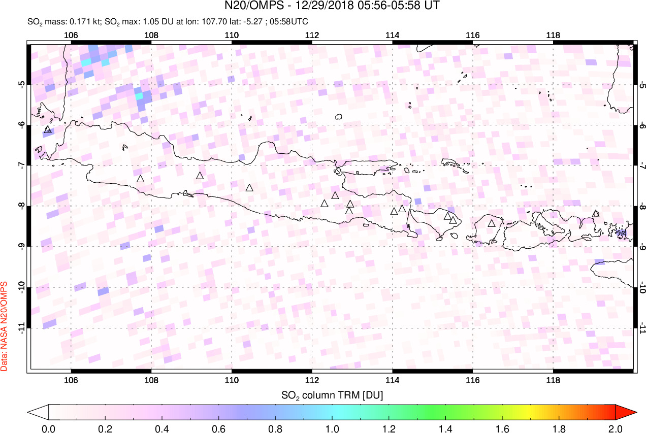 A sulfur dioxide image over Java, Indonesia on Dec 29, 2018.