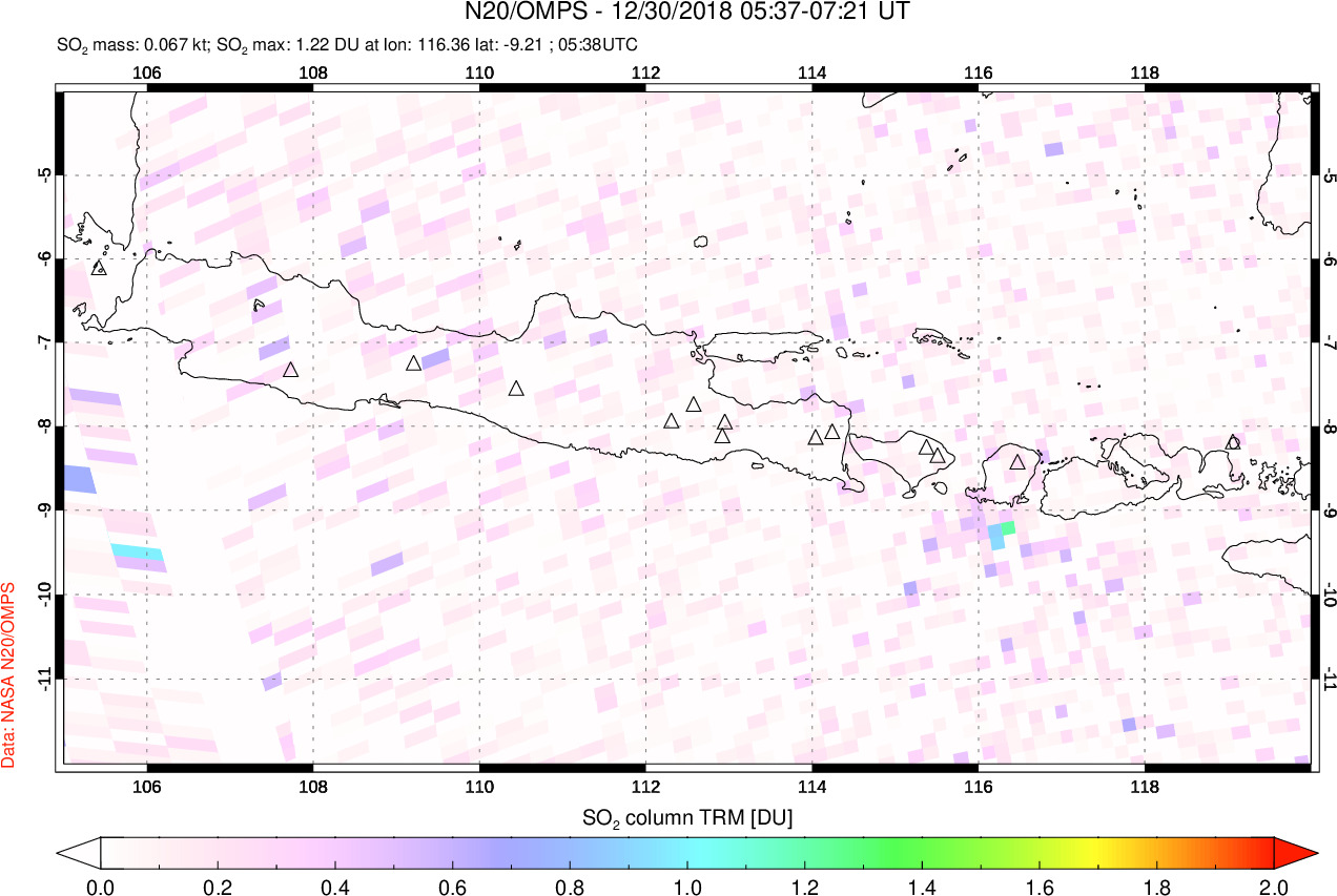 A sulfur dioxide image over Java, Indonesia on Dec 30, 2018.