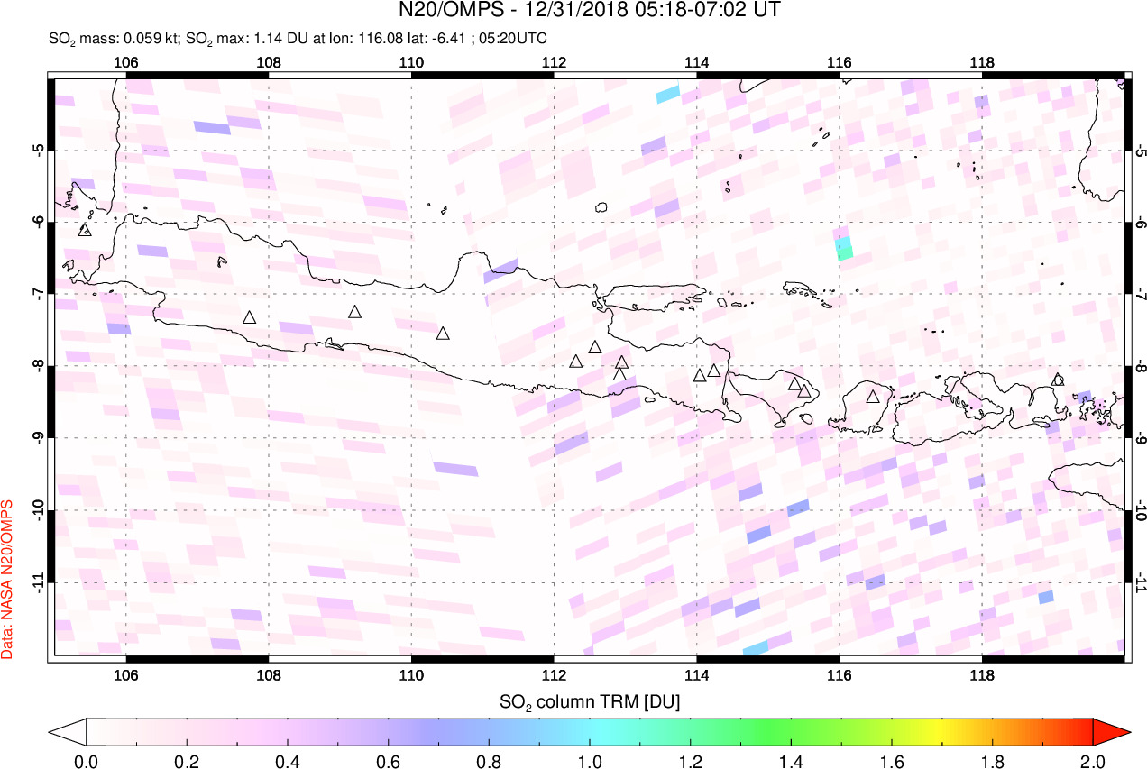 A sulfur dioxide image over Java, Indonesia on Dec 31, 2018.