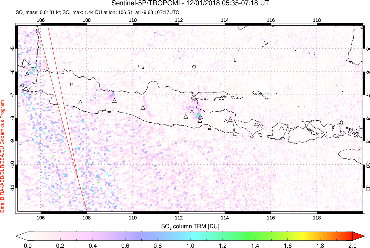 A sulfur dioxide image over Java, Indonesia on Dec 01, 2018.