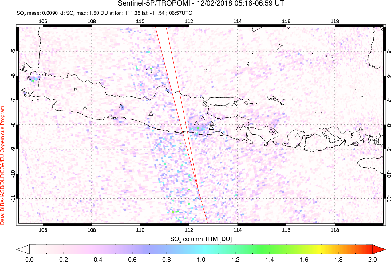 A sulfur dioxide image over Java, Indonesia on Dec 02, 2018.
