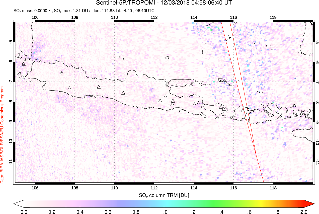 A sulfur dioxide image over Java, Indonesia on Dec 03, 2018.