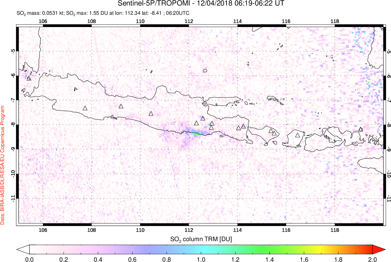 A sulfur dioxide image over Java, Indonesia on Dec 04, 2018.