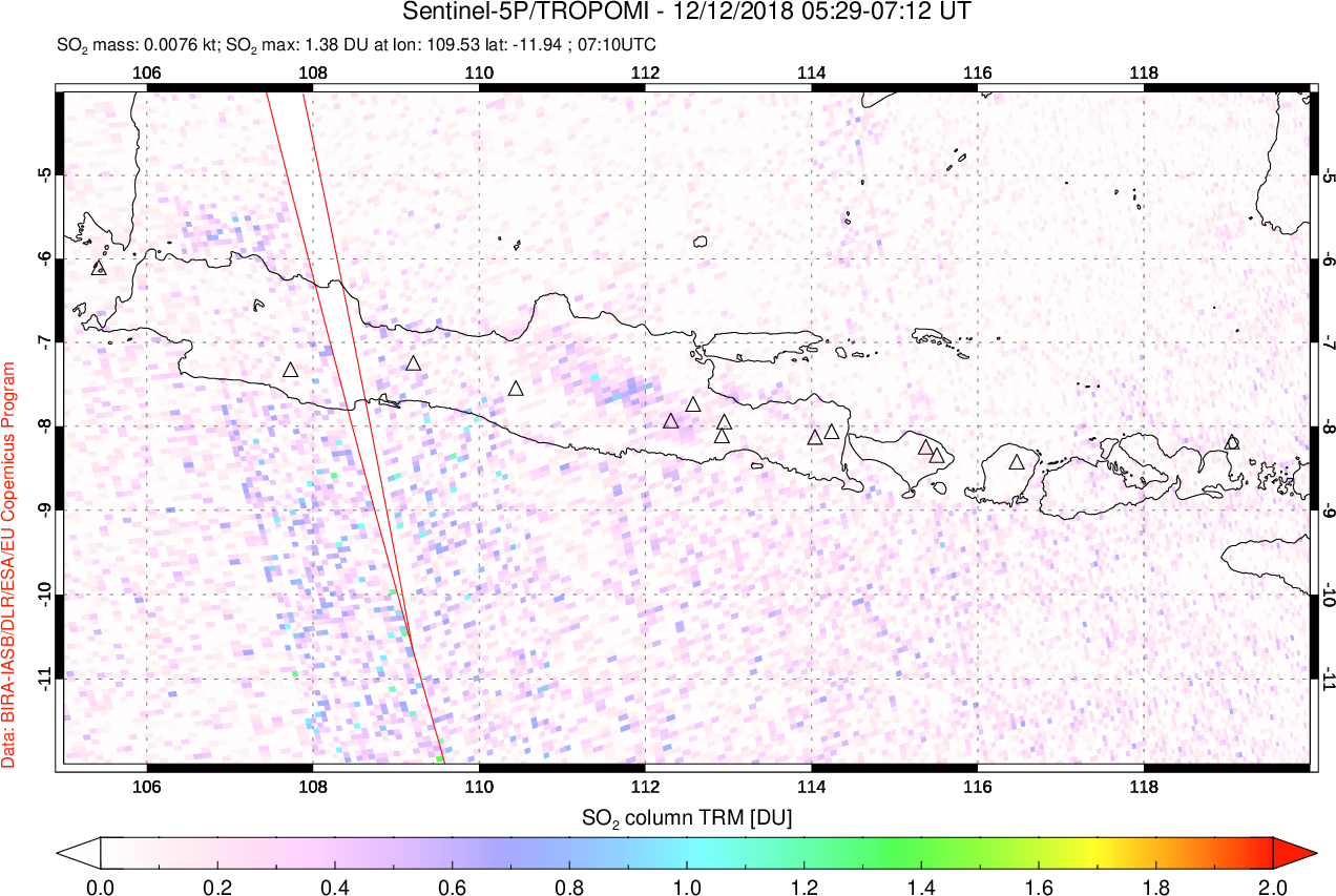 A sulfur dioxide image over Java, Indonesia on Dec 12, 2018.