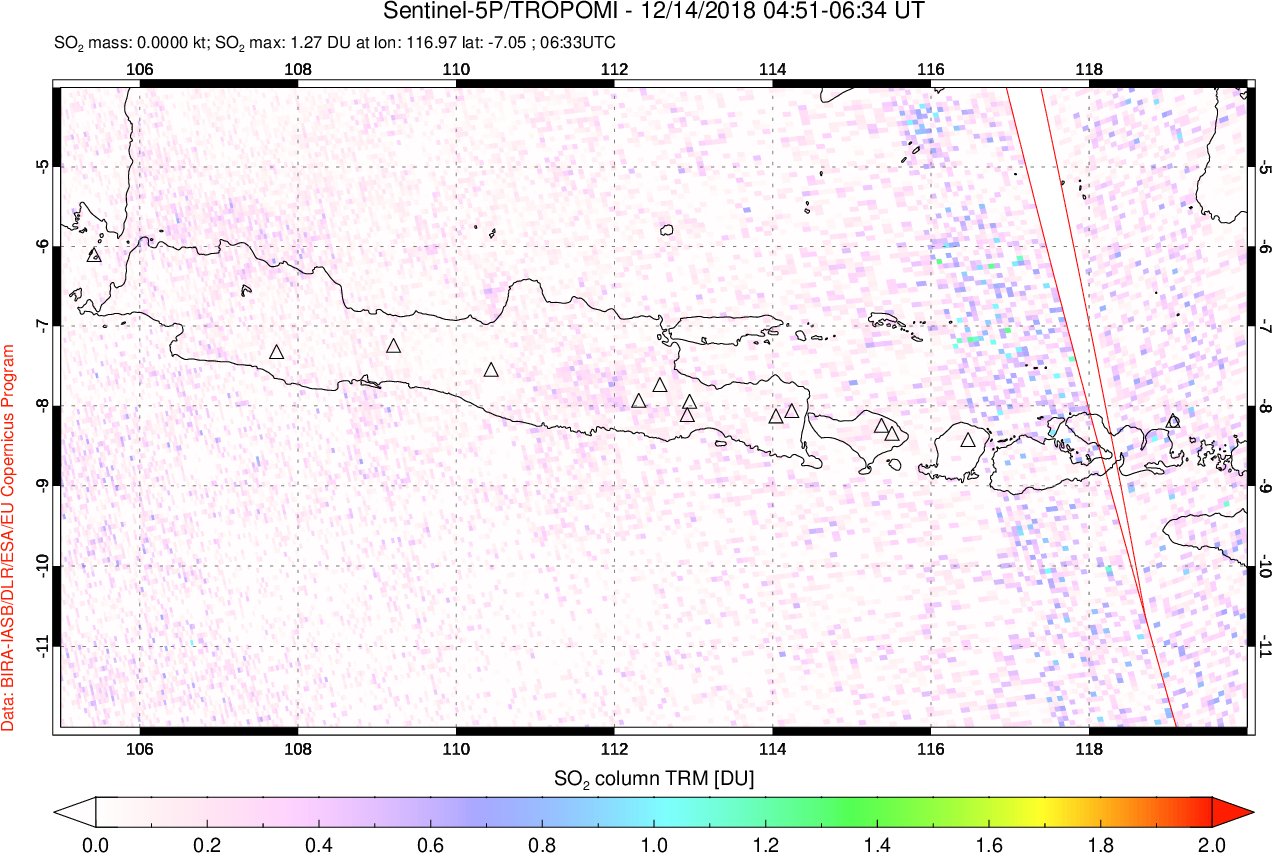 A sulfur dioxide image over Java, Indonesia on Dec 14, 2018.