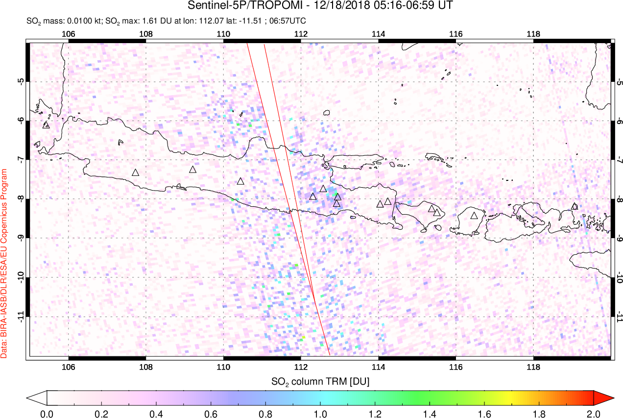 A sulfur dioxide image over Java, Indonesia on Dec 18, 2018.