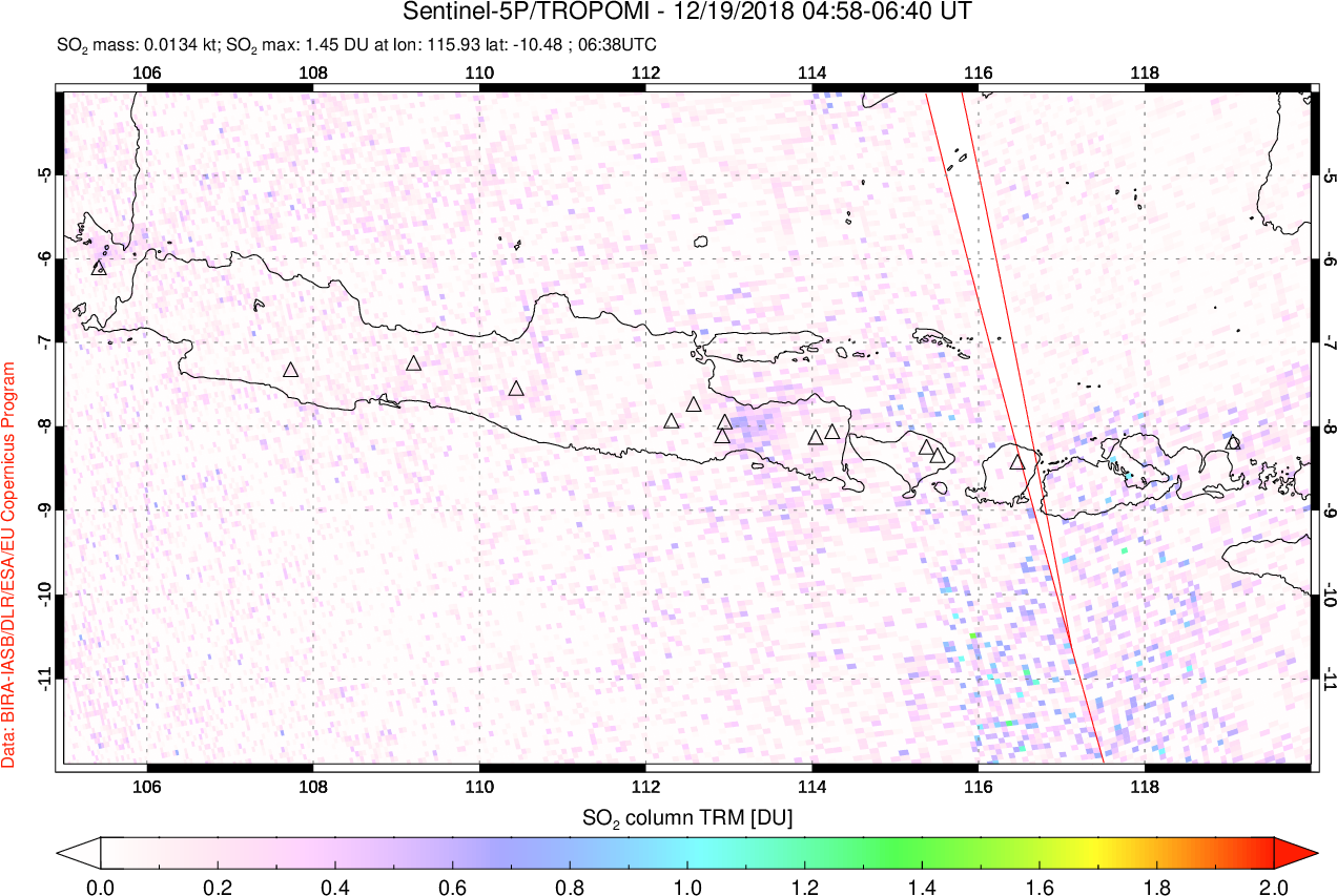 A sulfur dioxide image over Java, Indonesia on Dec 19, 2018.