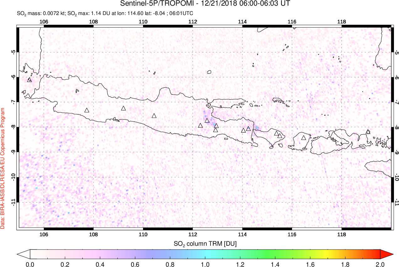 A sulfur dioxide image over Java, Indonesia on Dec 21, 2018.