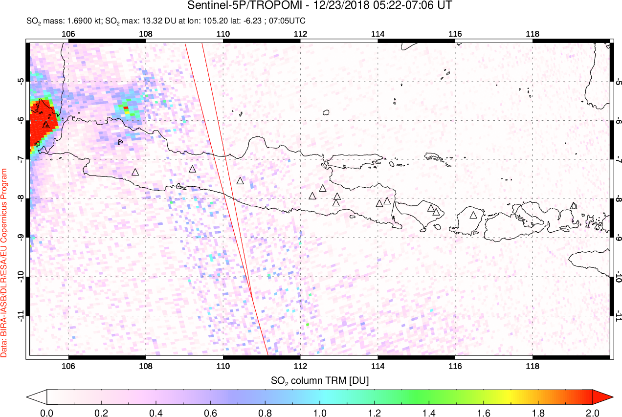 A sulfur dioxide image over Java, Indonesia on Dec 23, 2018.