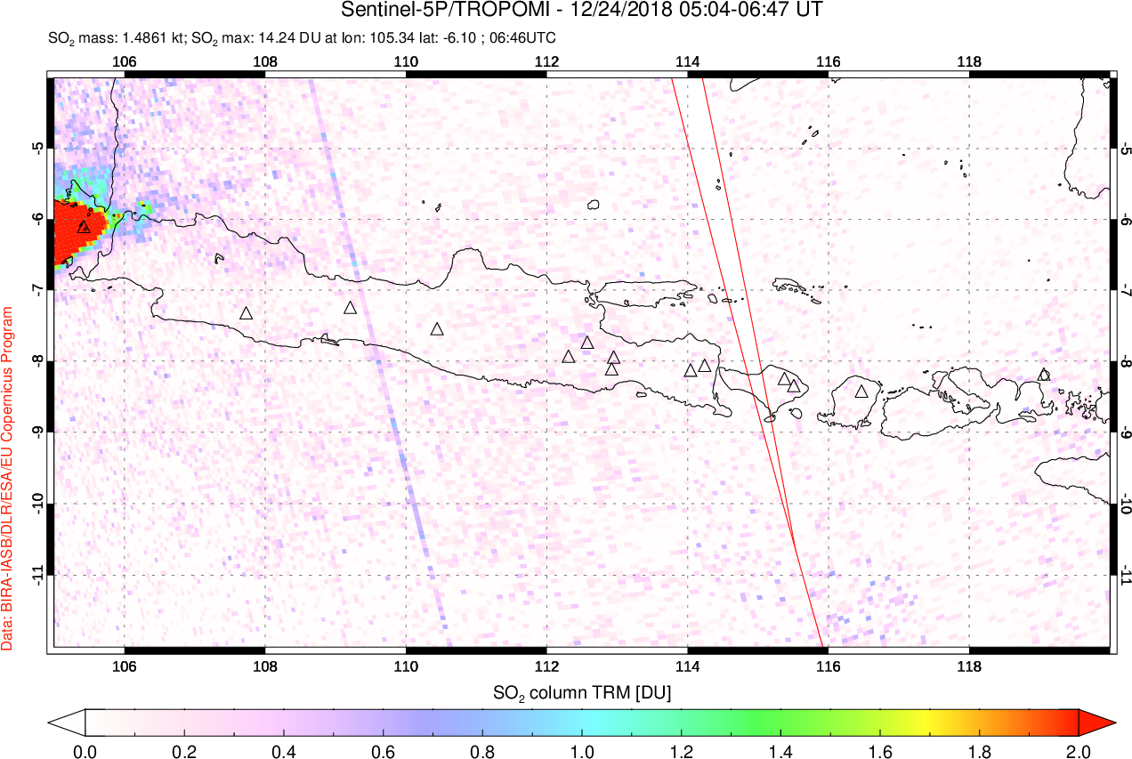 A sulfur dioxide image over Java, Indonesia on Dec 24, 2018.