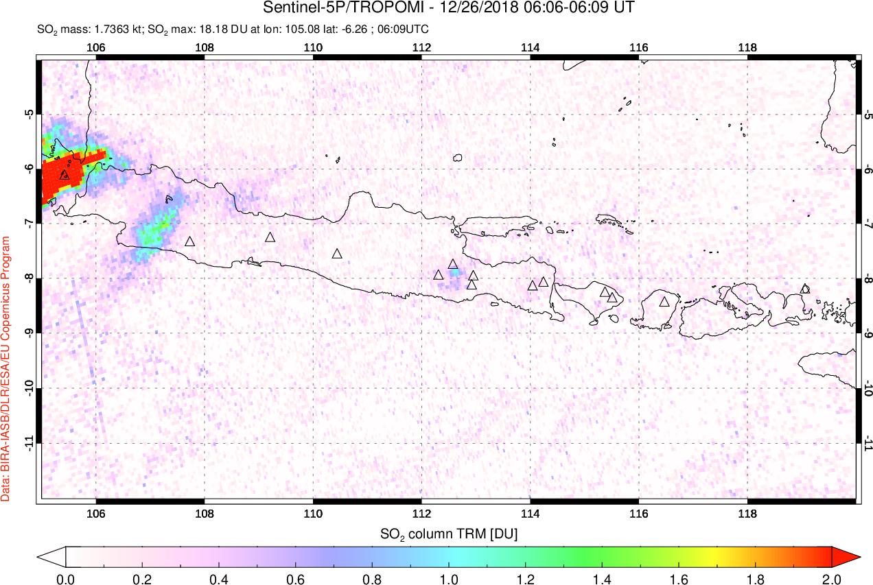 A sulfur dioxide image over Java, Indonesia on Dec 26, 2018.