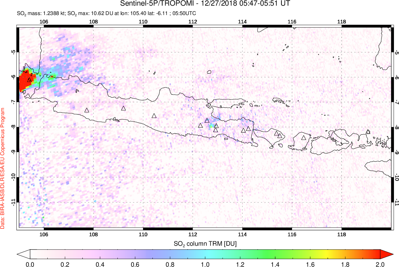 A sulfur dioxide image over Java, Indonesia on Dec 27, 2018.