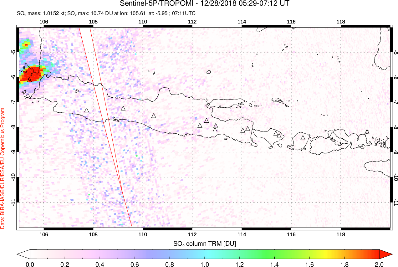 A sulfur dioxide image over Java, Indonesia on Dec 28, 2018.