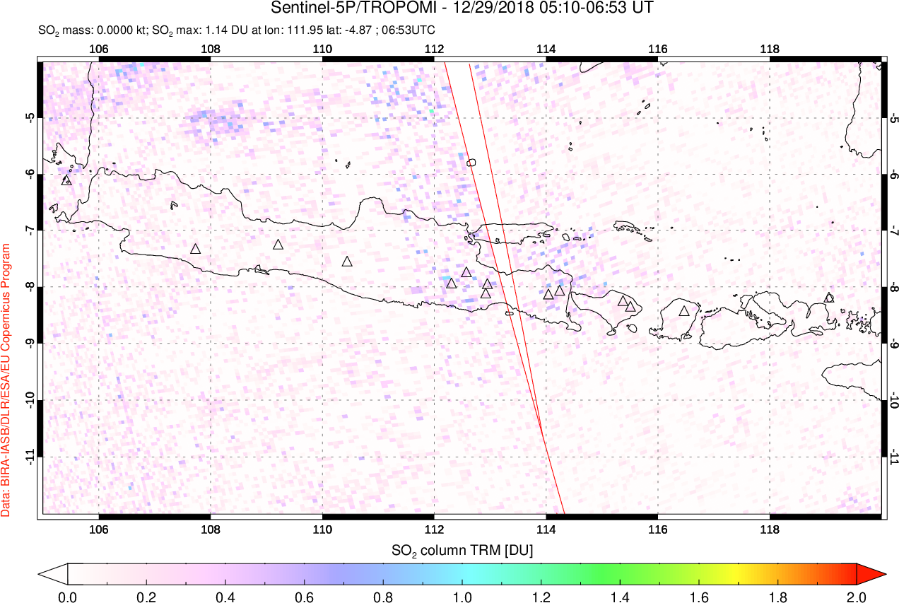 A sulfur dioxide image over Java, Indonesia on Dec 29, 2018.