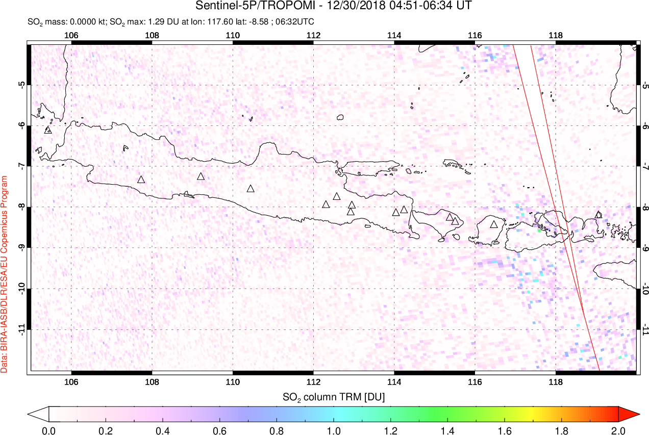 A sulfur dioxide image over Java, Indonesia on Dec 30, 2018.