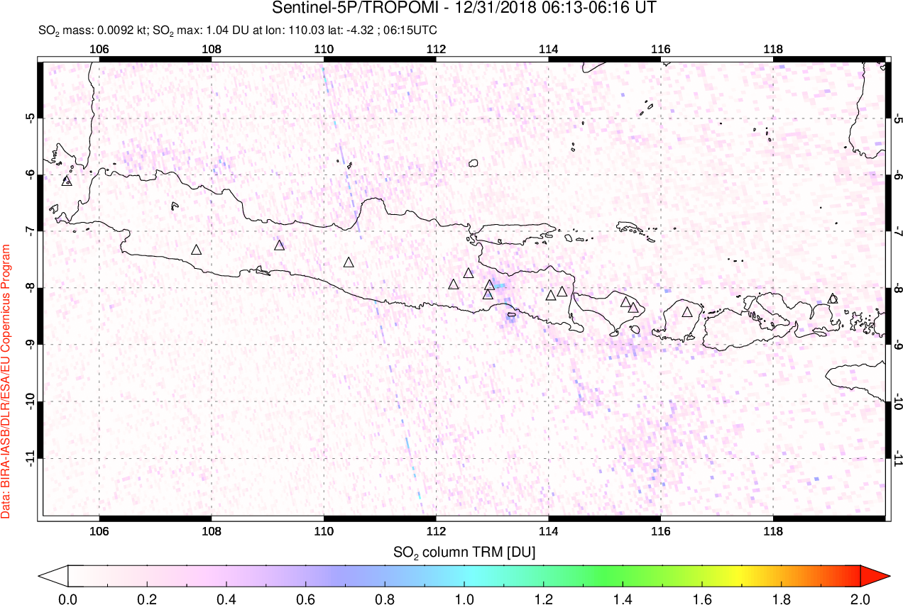 A sulfur dioxide image over Java, Indonesia on Dec 31, 2018.