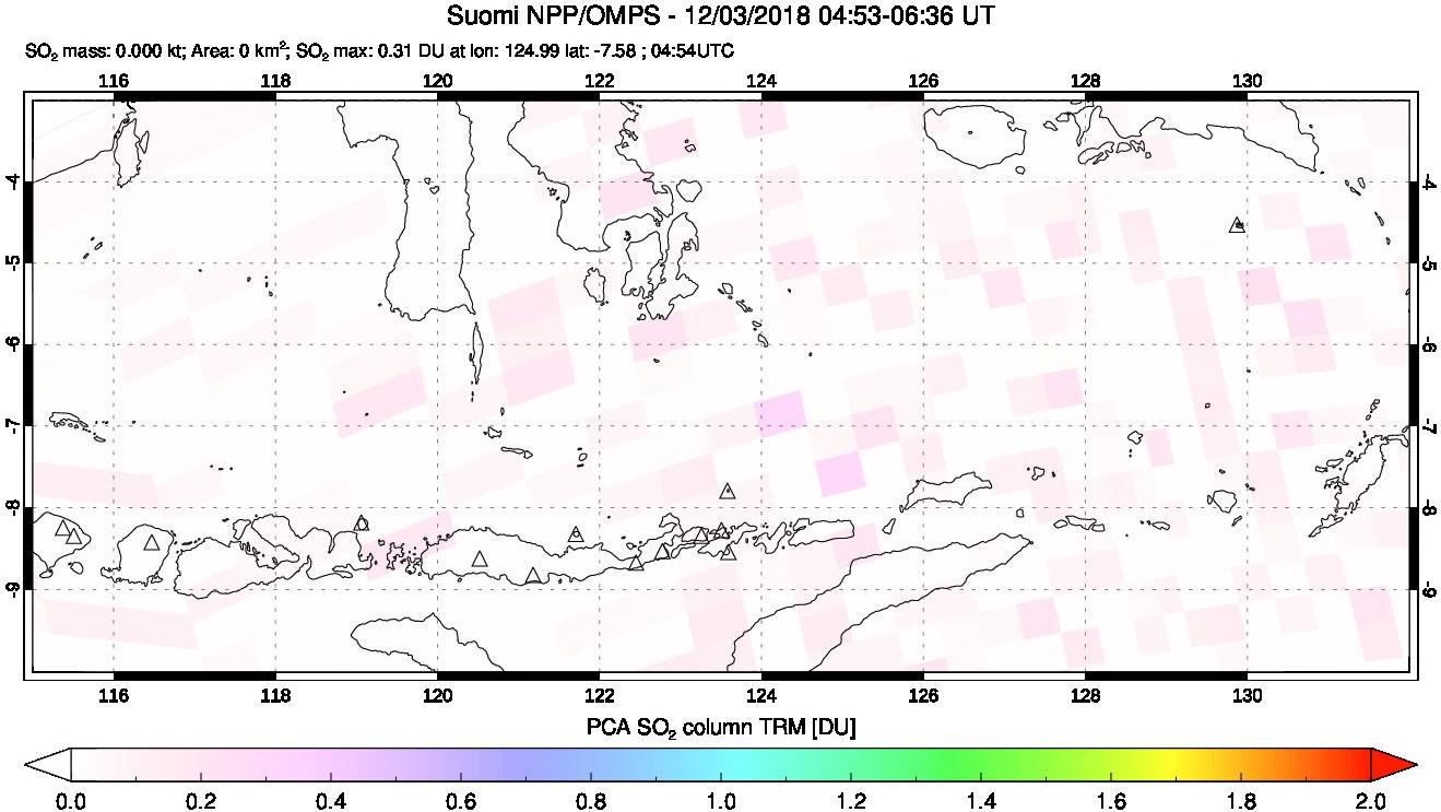 A sulfur dioxide image over Lesser Sunda Islands, Indonesia on Dec 03, 2018.