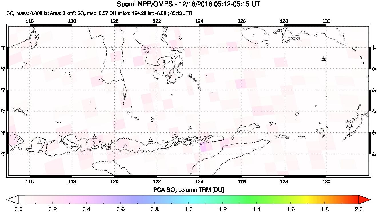 A sulfur dioxide image over Lesser Sunda Islands, Indonesia on Dec 18, 2018.