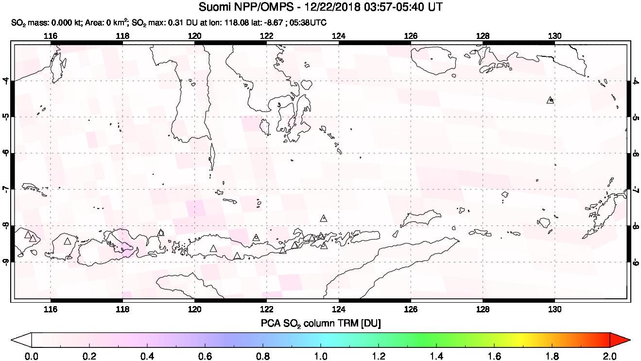 A sulfur dioxide image over Lesser Sunda Islands, Indonesia on Dec 22, 2018.