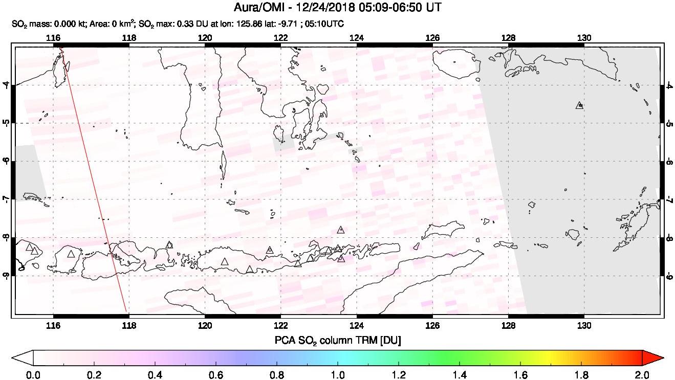 A sulfur dioxide image over Lesser Sunda Islands, Indonesia on Dec 24, 2018.