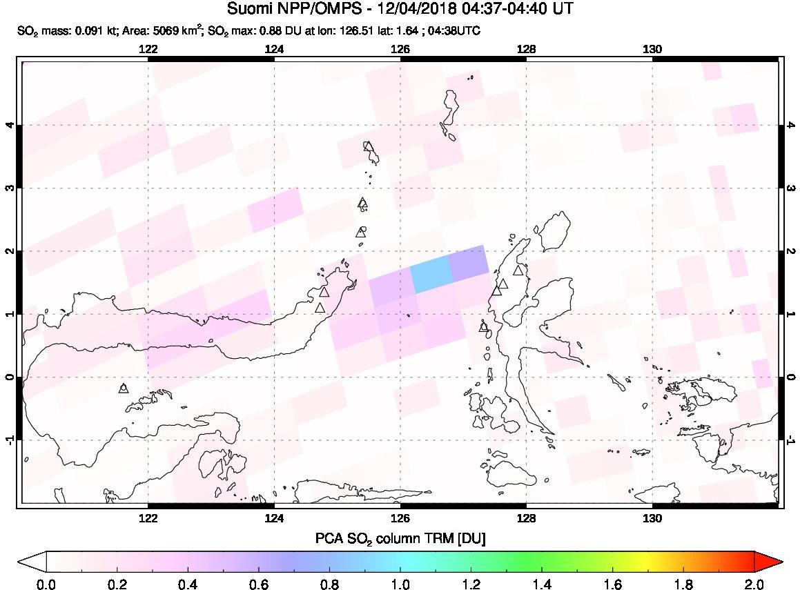 A sulfur dioxide image over Northern Sulawesi & Halmahera, Indonesia on Dec 04, 2018.