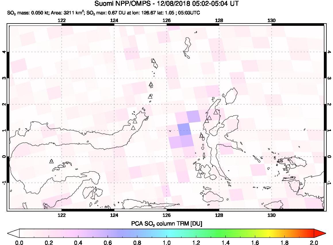 A sulfur dioxide image over Northern Sulawesi & Halmahera, Indonesia on Dec 08, 2018.