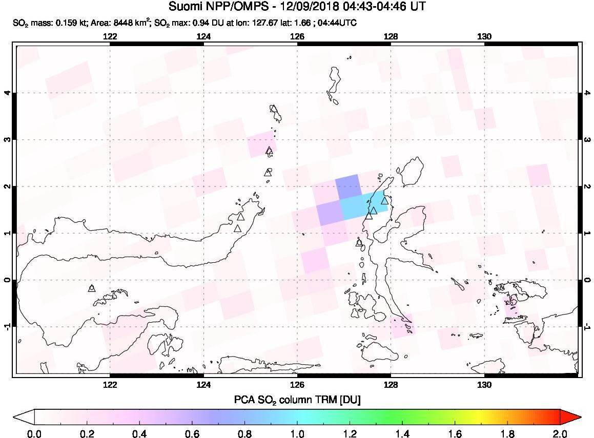 A sulfur dioxide image over Northern Sulawesi & Halmahera, Indonesia on Dec 09, 2018.