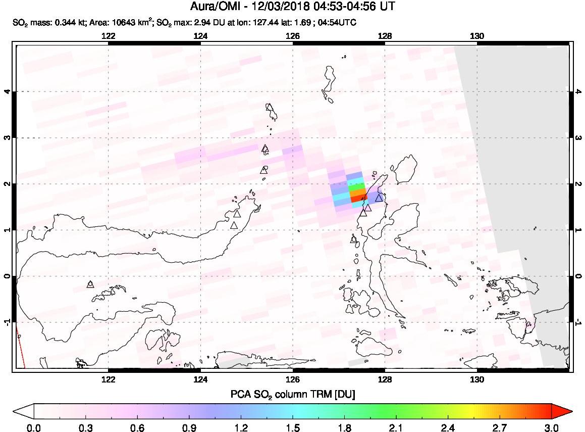 A sulfur dioxide image over Northern Sulawesi & Halmahera, Indonesia on Dec 03, 2018.